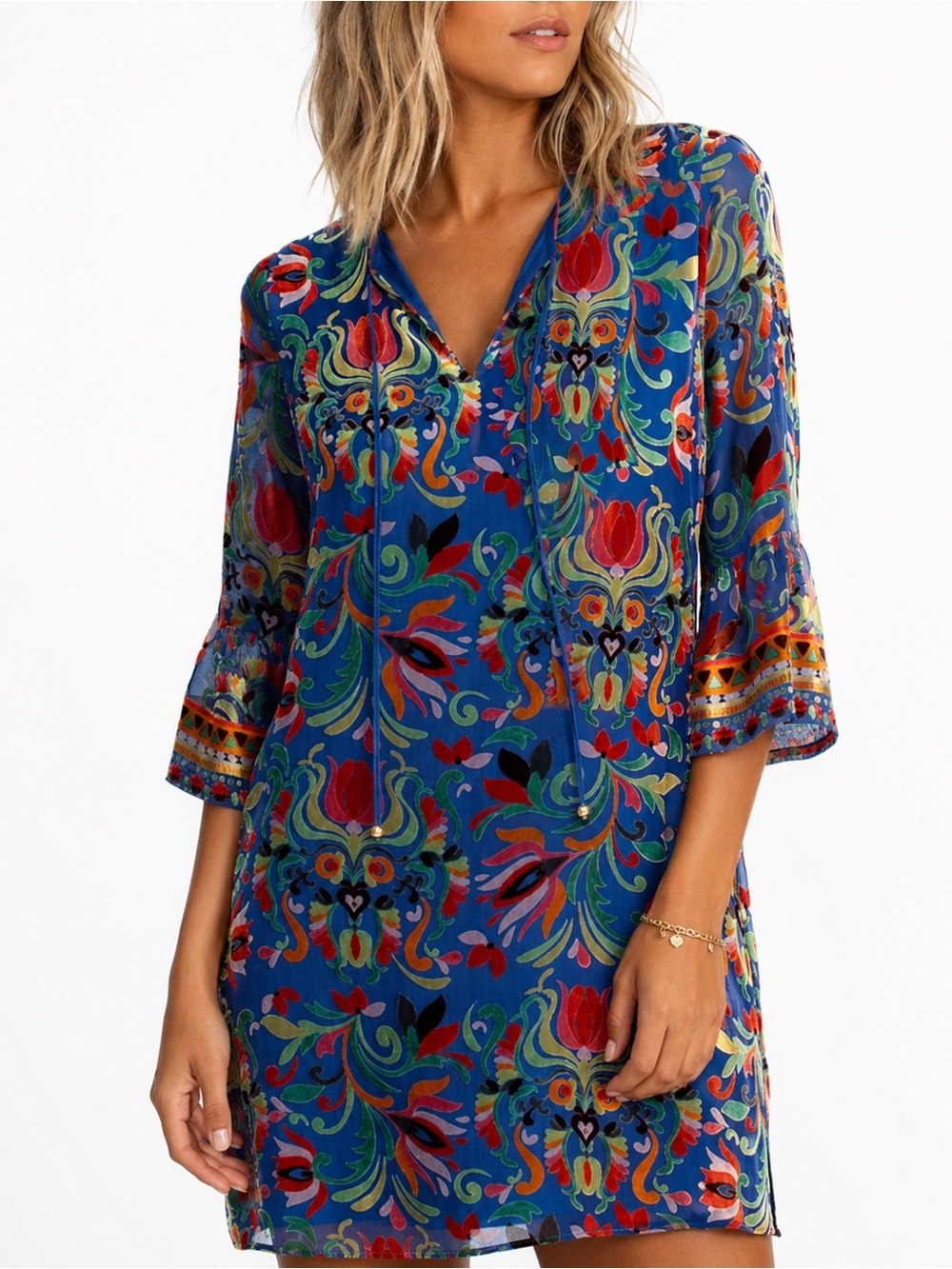 Johnny Was Sofiya Primula Burnout Silk Tunic Dress Blue Floral sz Medium NEW